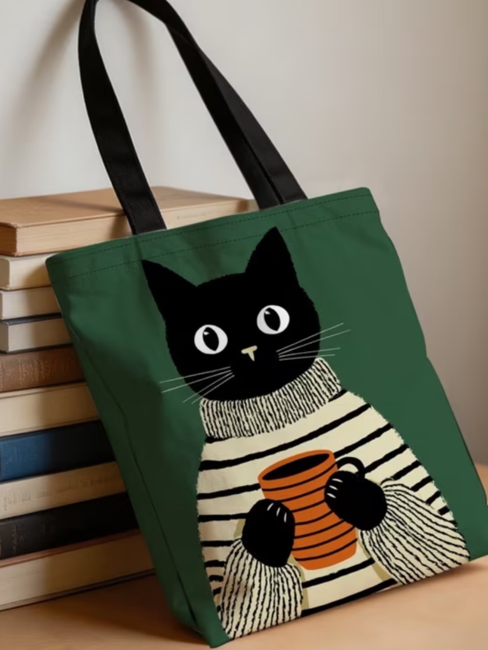 Cute Black Cat Coffee Tote Bag | Canvas Shopper | Green | 15.5” x 13” - Picture 2 of 3